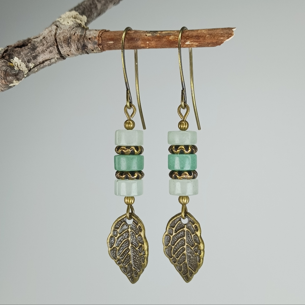 HAND CRAFTED Boho Vintage Style Green Aventurine Brass Leaf Dangle Earrings